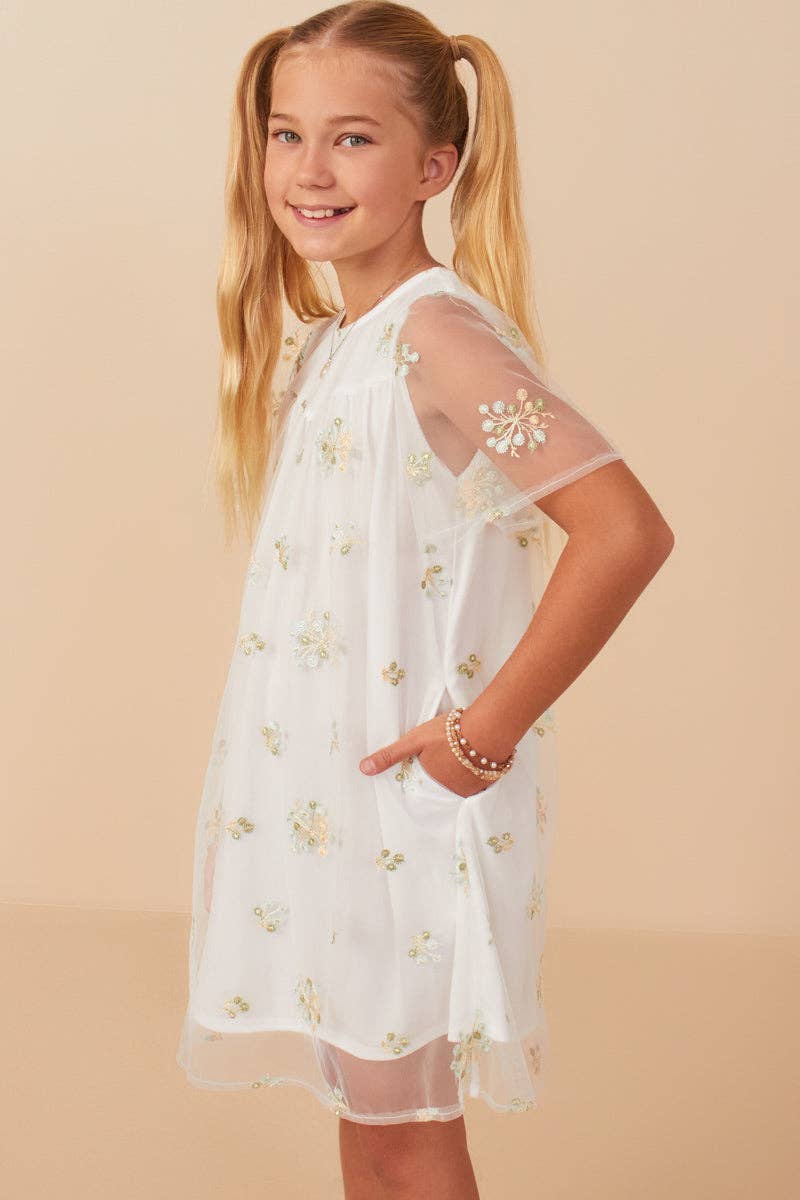 Girls Floral Embroidered Mesh Dress