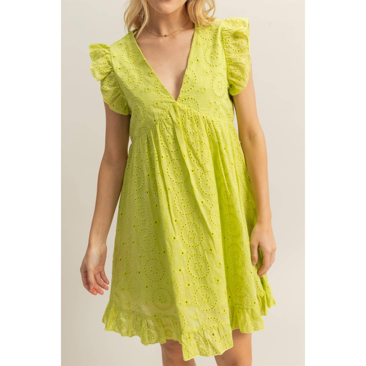 Flutter Sleeve V-Neck Eyelet Mini Dress