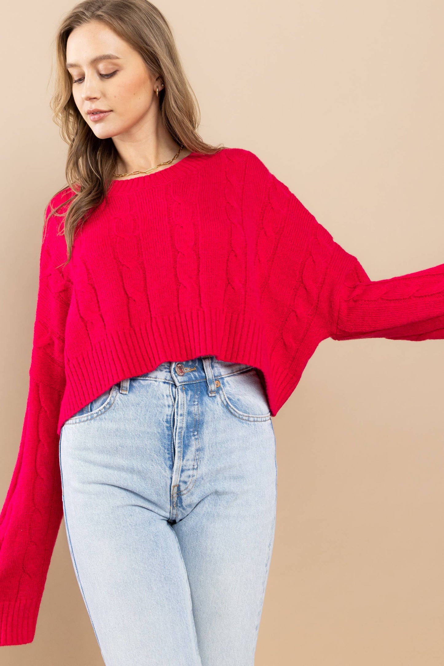 Cable Cropped Sweater - Retro/Vintage Design ~ Pink