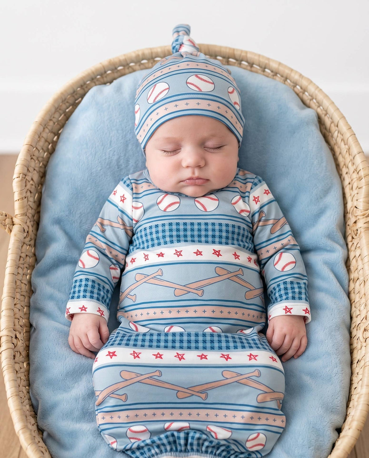 Baseball Sports Blue Rows Baby Gown Set: 0-3 Months