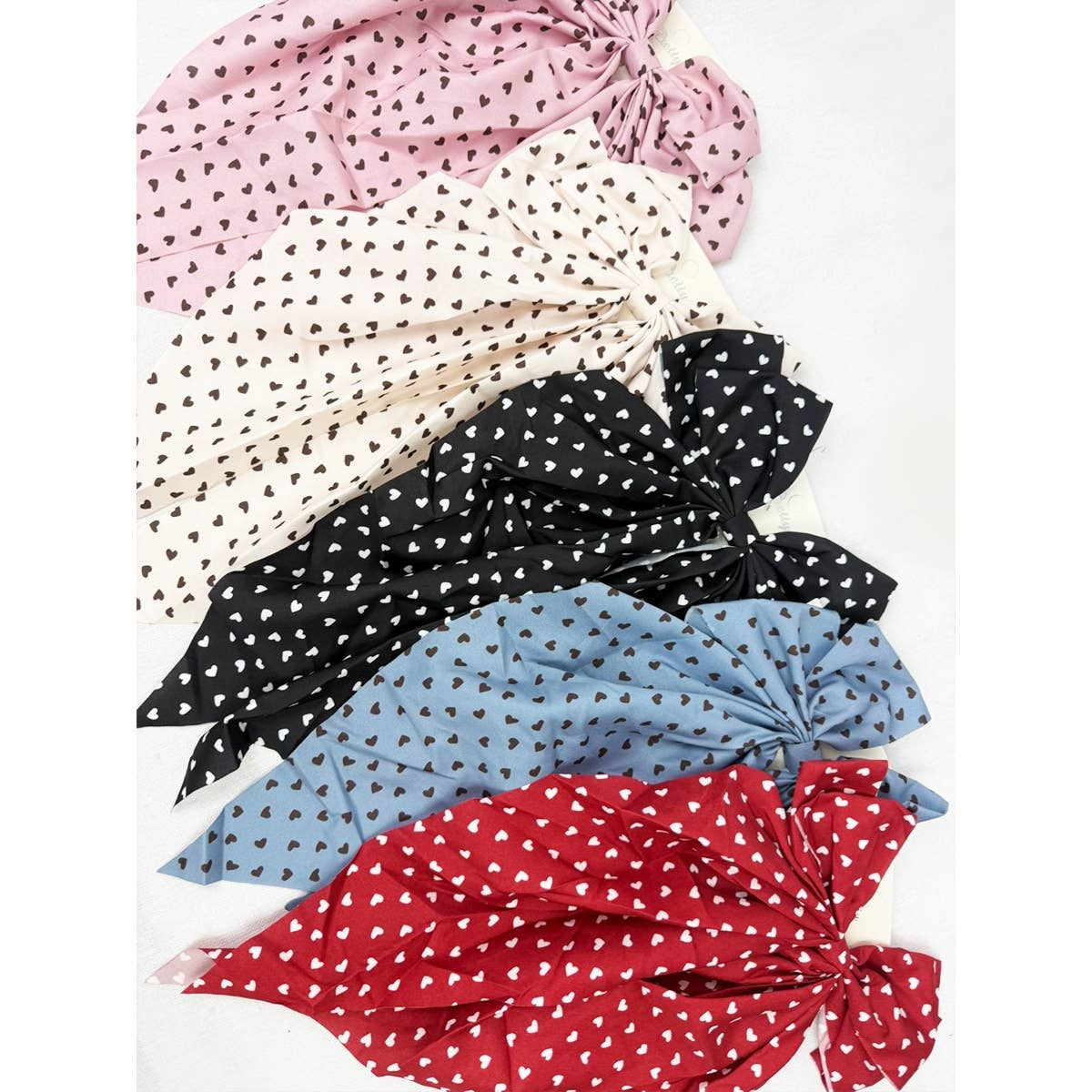 Heart Print Long Tail Satin Hair Bow Clip