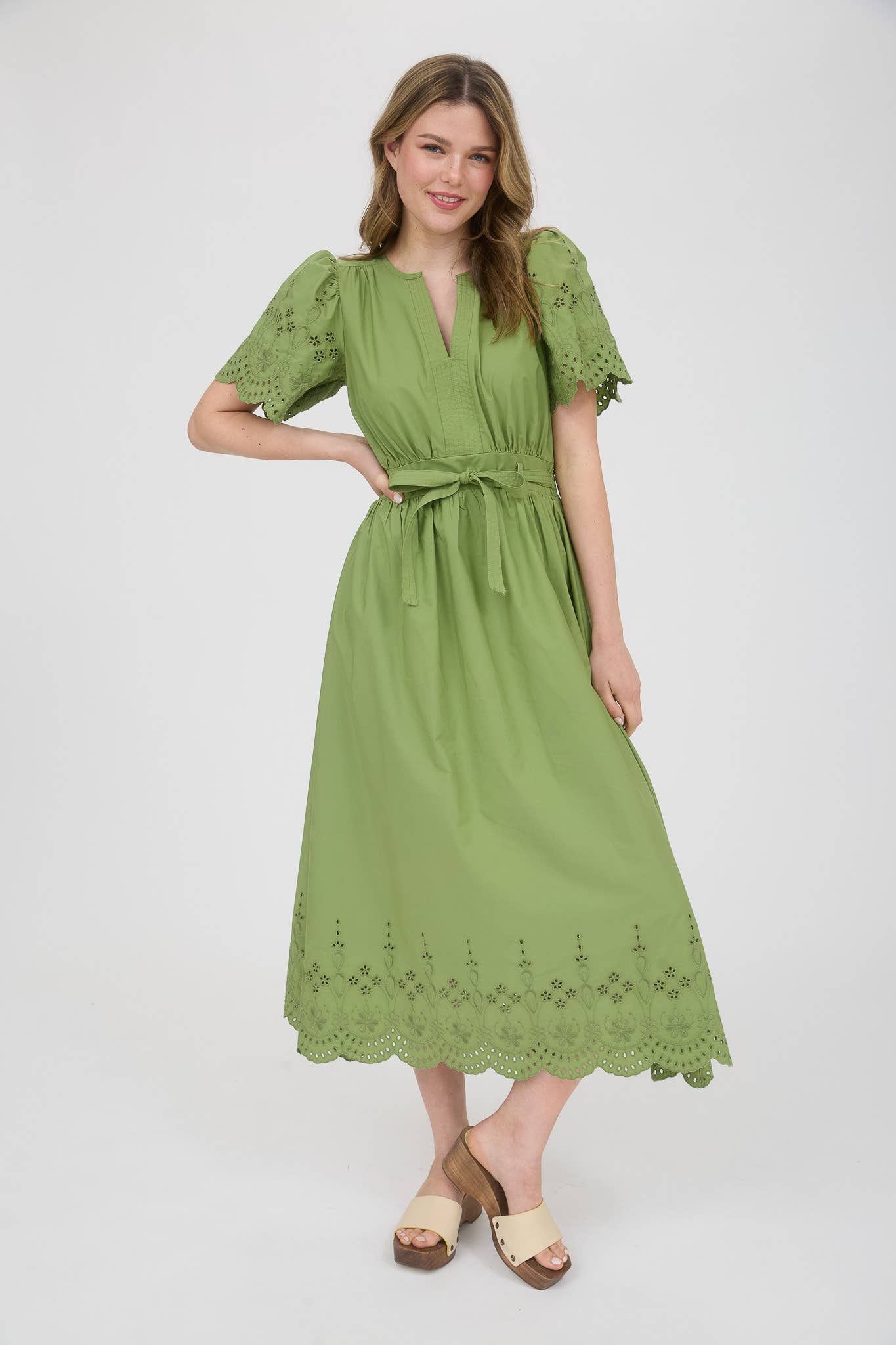 EMBROIDERY EYELET DETAIL MIDI DRESS
