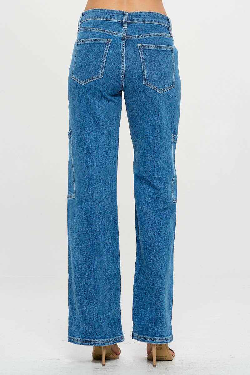 - Medium Wash - Mid Rise Cargo Wide Leg Jeans