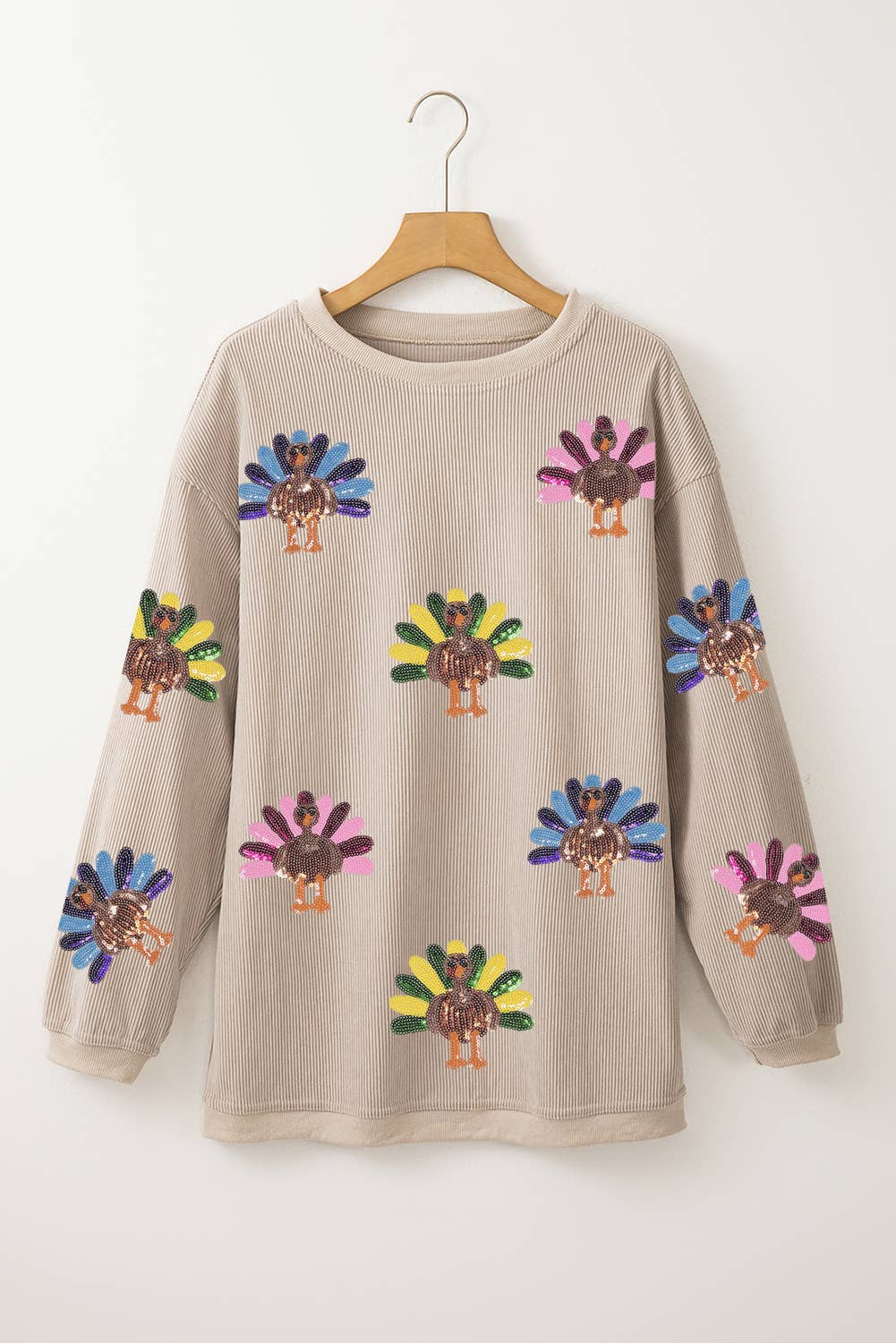 Sequin Turkey Patch Thanksgiving Corduroy Sweatshirt