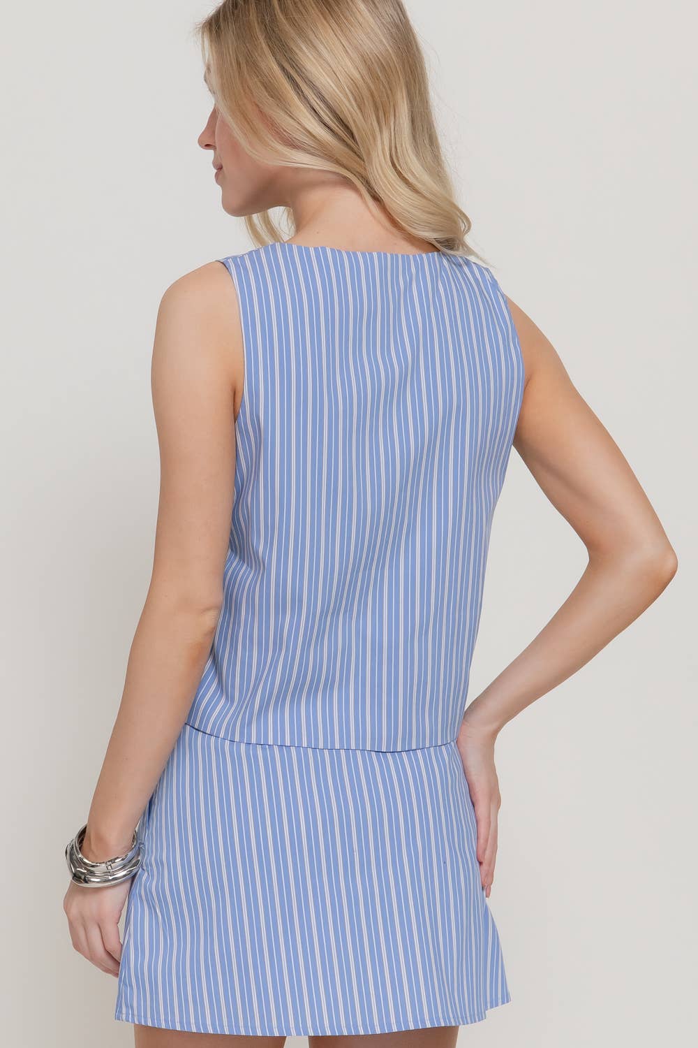 Sleeveless Diagonal Button Closure Striped Poplin Vest Top