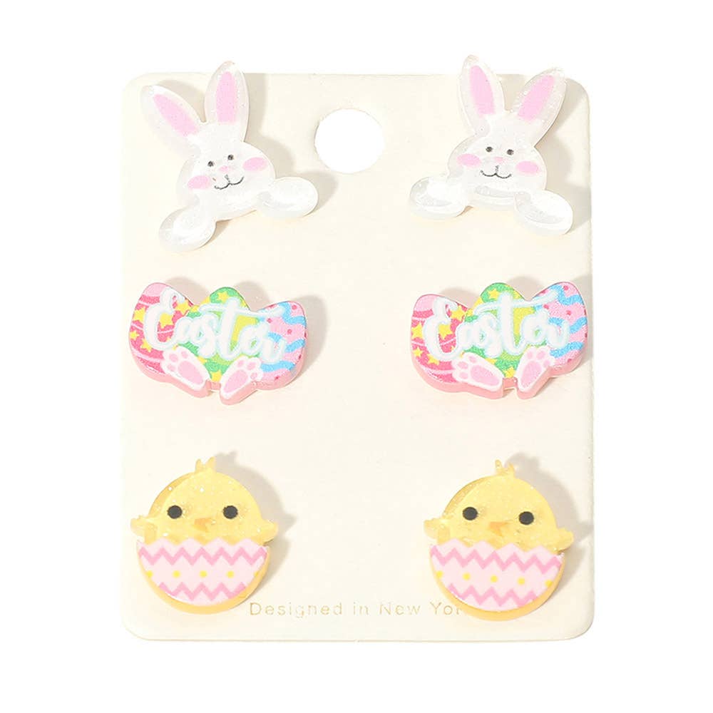 3Pairs - Easter Bunny Egg Chick Stud Earring Set