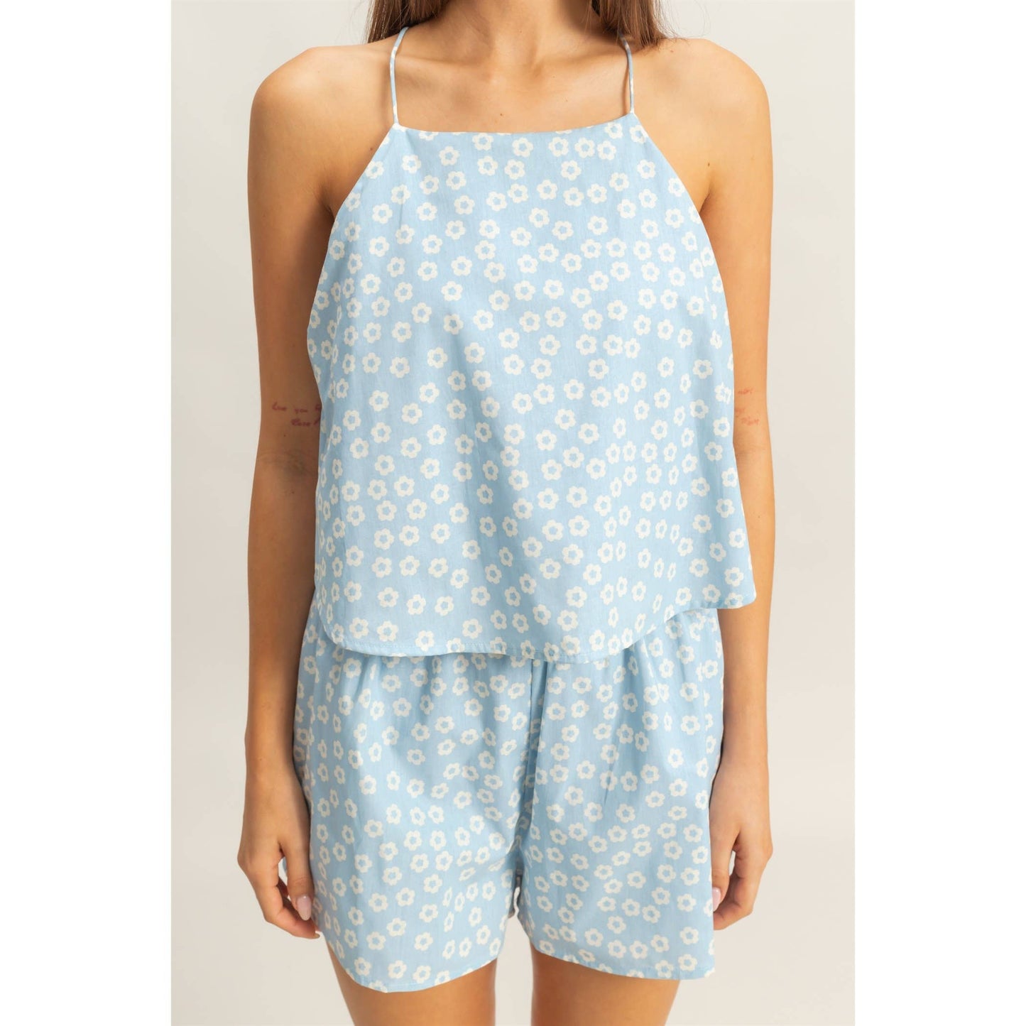 Ditsy Print Halter Neck Open Back Romper