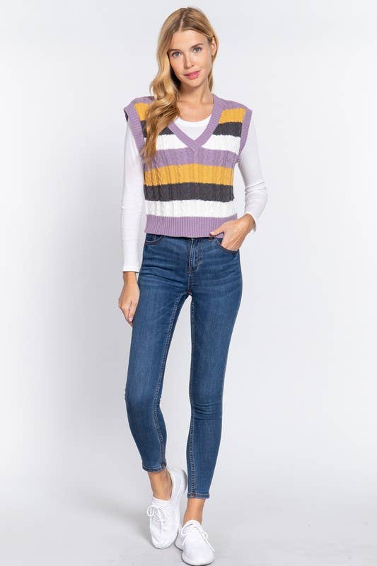 Sleevelesss Striped Cable Sweater Vest