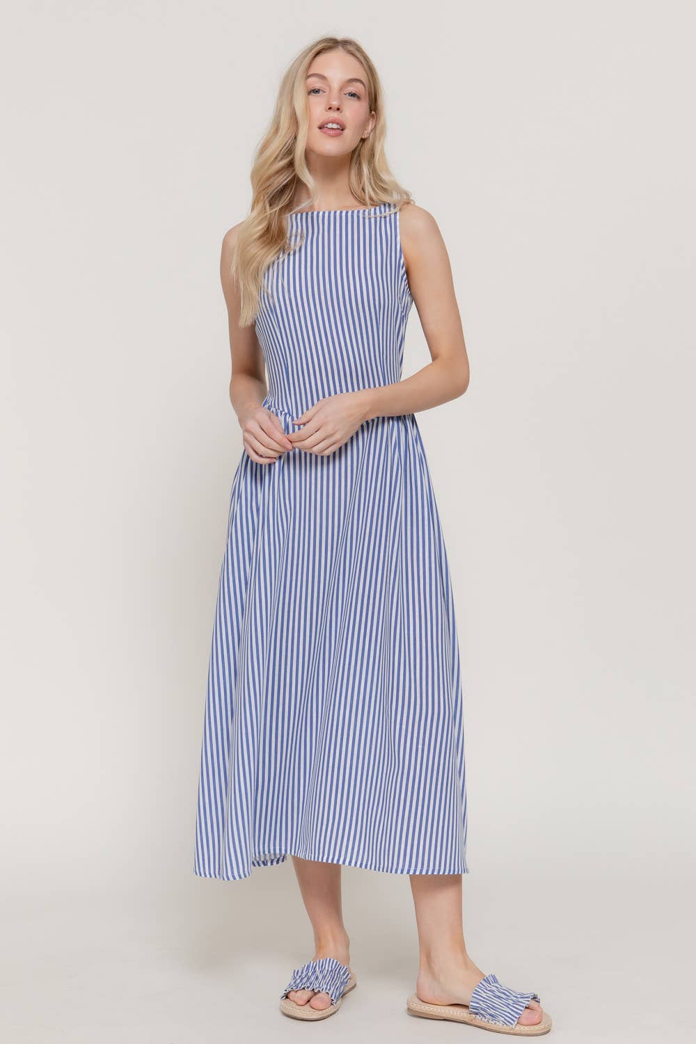 Sleeveless Boat Neck Stripe Print Linen Effect Dress