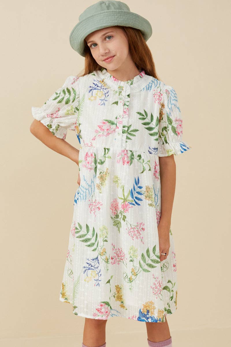 Girls Embroidered Textured Botanical Buttoned Dress