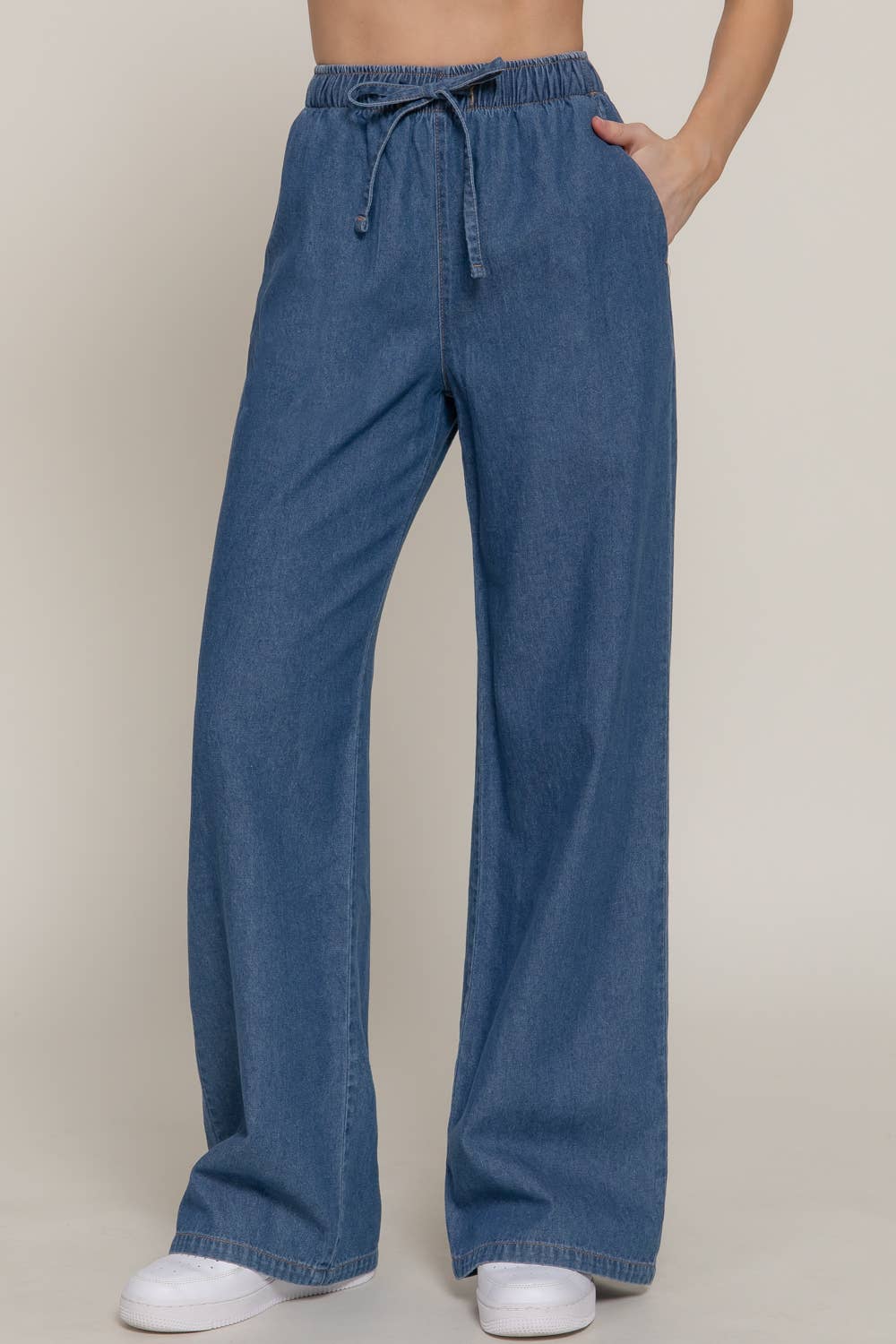 Elastic Waistband Straight Denim Long Pants