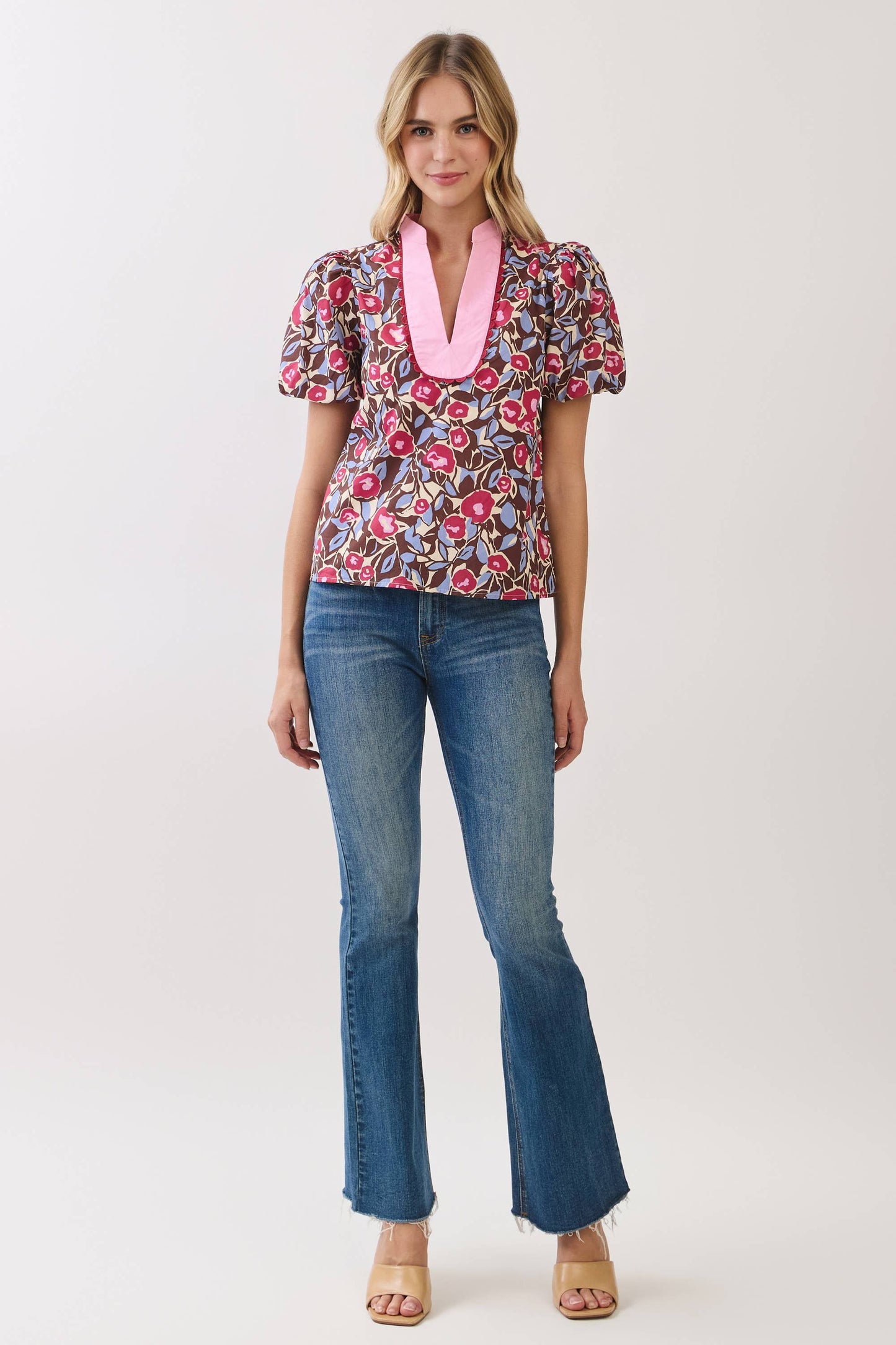 Floral Print Contrast Trim Detail Puff Sleeve Top