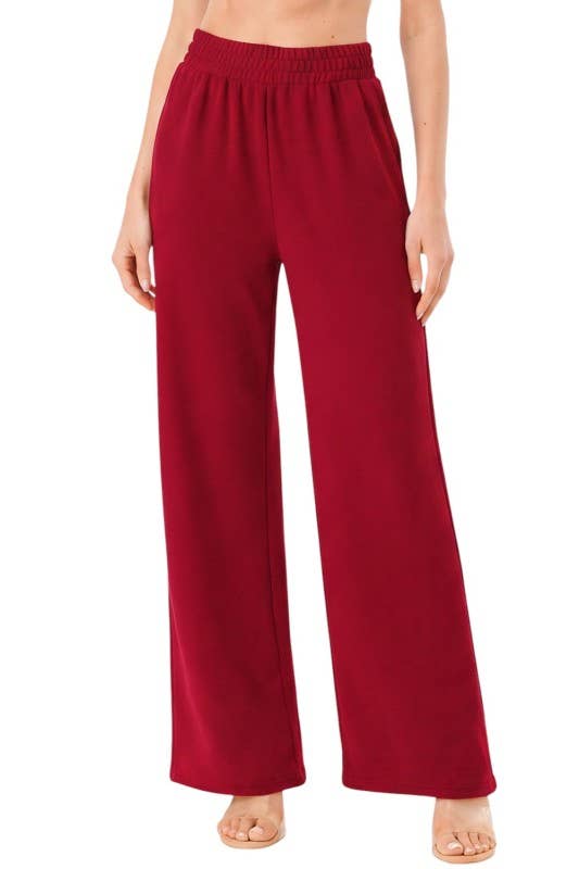 Textured Straight Pants – High Waist Structured Fit: CHERRY RED