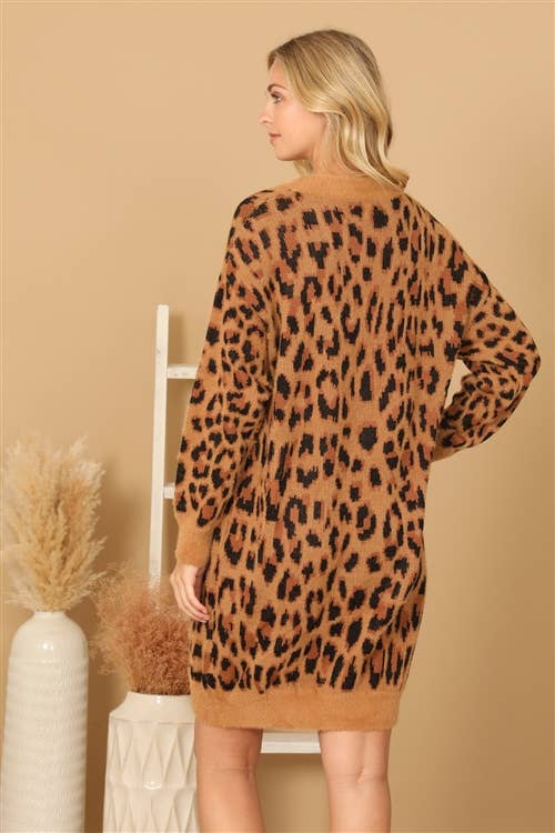 Long Sleeve Leopard Knitted Dress
