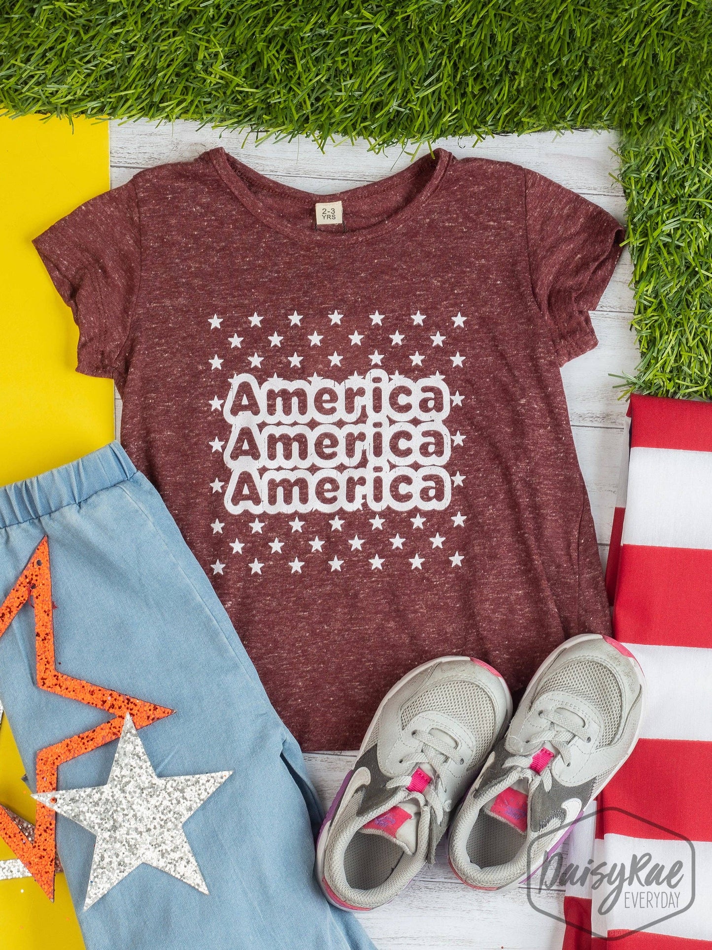GIRLS America America America on Heathered Maroon Shortsleeve Tee: Maroon