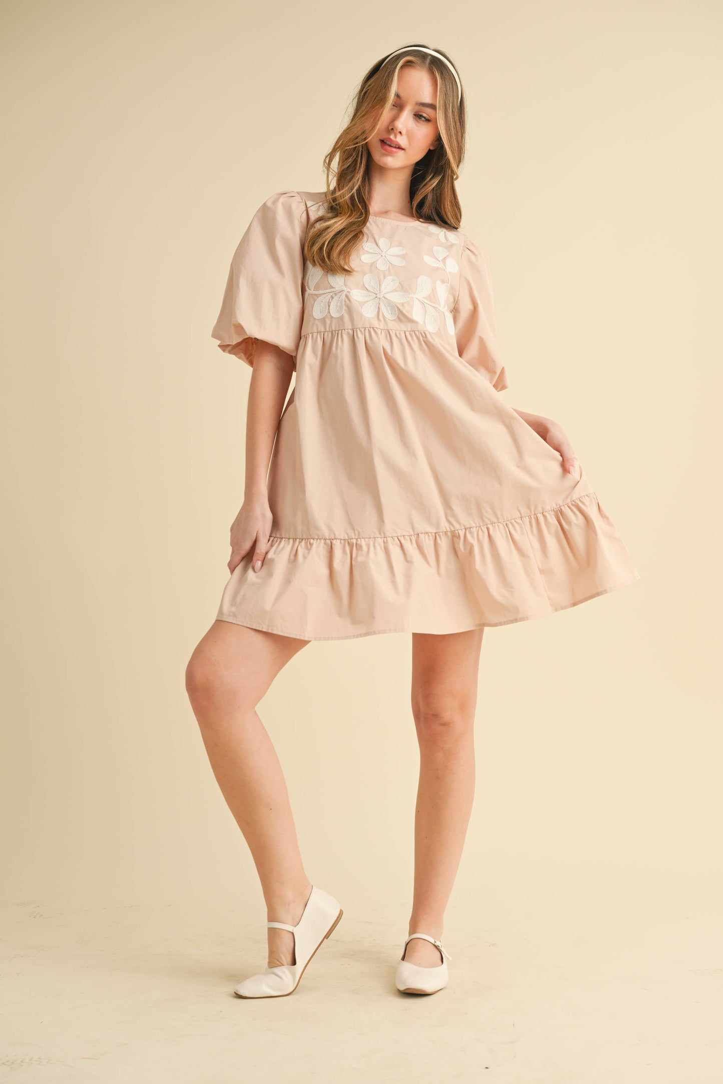 Almond DOUBLE PUFF SLEEVE SHIRRED A-LINE MIDI DRESS