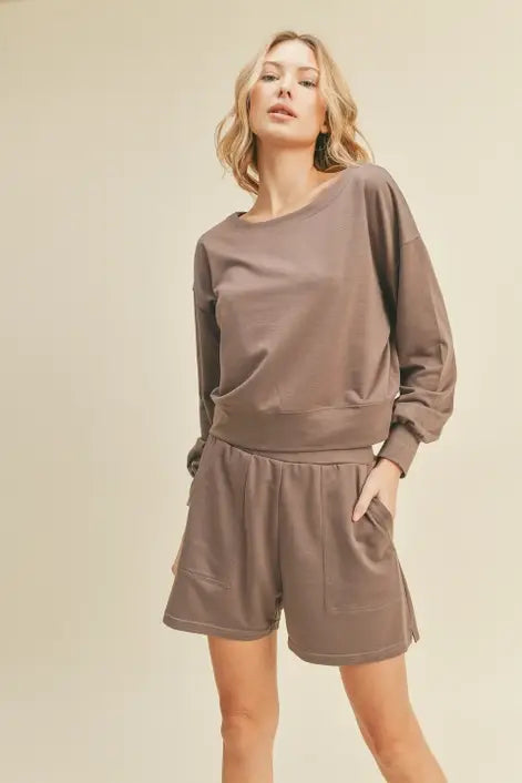 Mocha Wide Neck Sweatshirt and Shorts Set