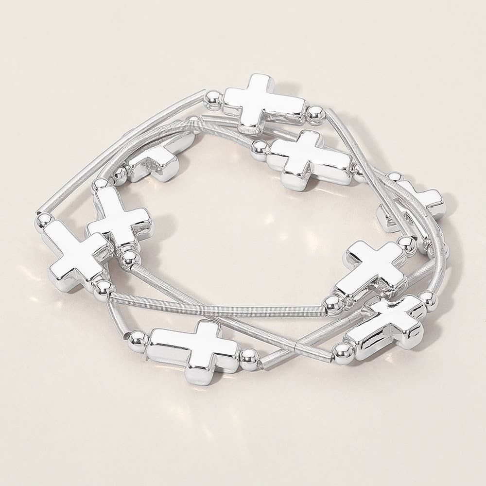 3PCS - Metal Cross Station Stretch Multi Layered Bracelets: Rhodium