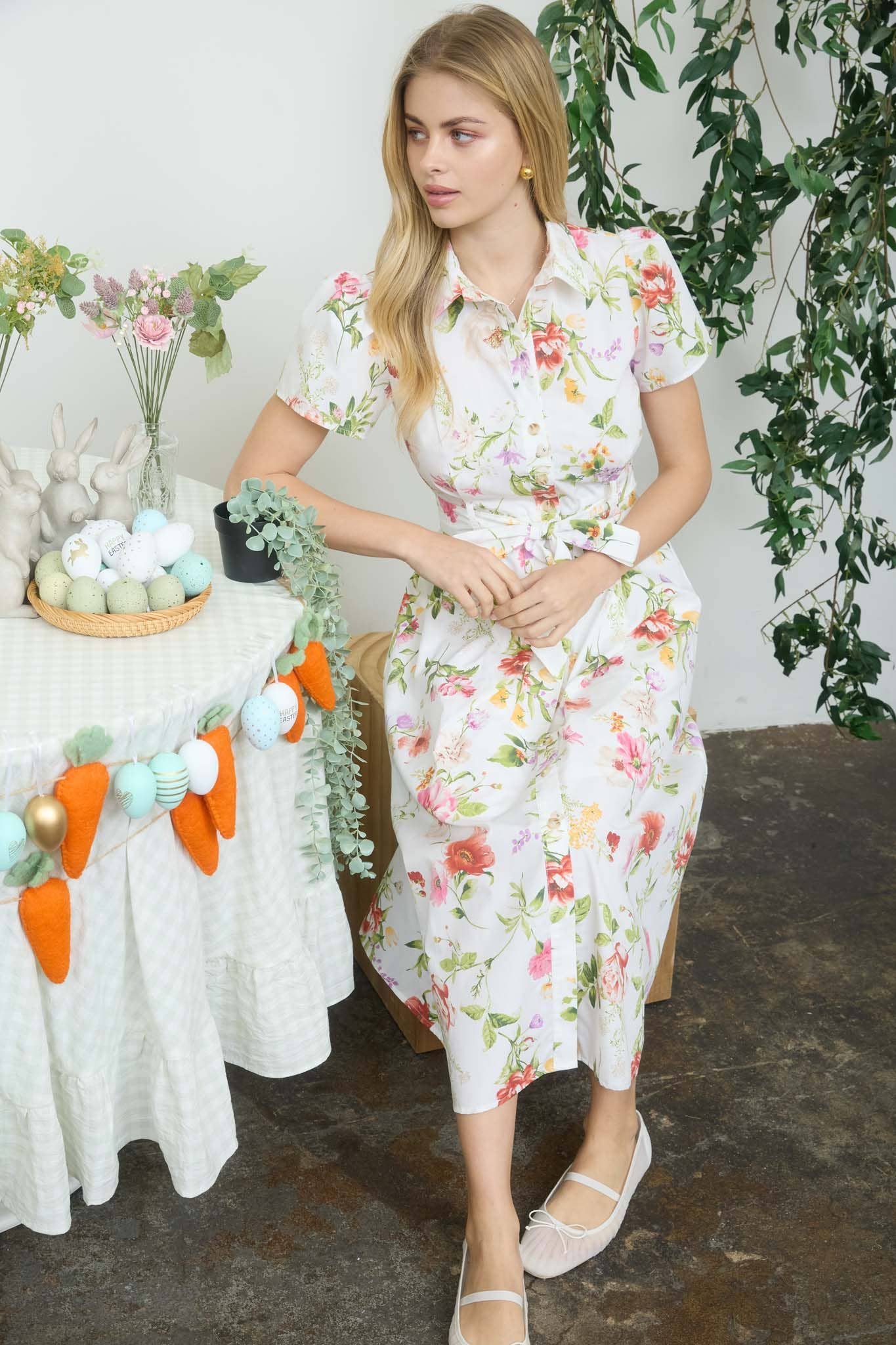 FLORAL SHORT SLEEVE BELTED MIDI SHIRT DRESS