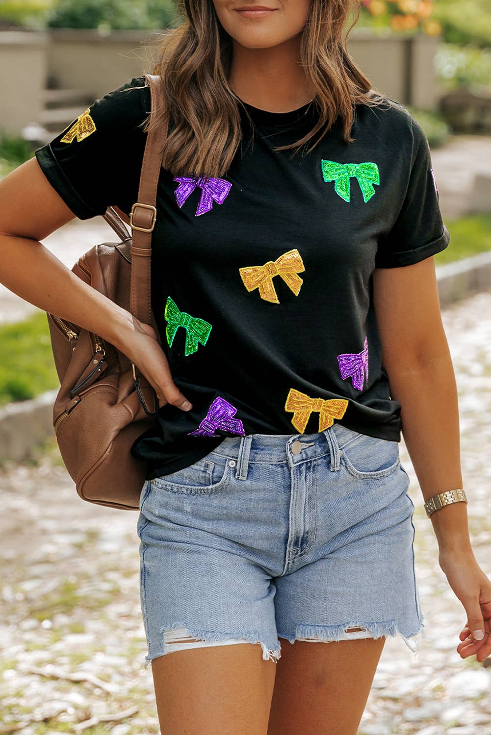 Mardi Gras Sequin Bow Knot Graphic T Shirt