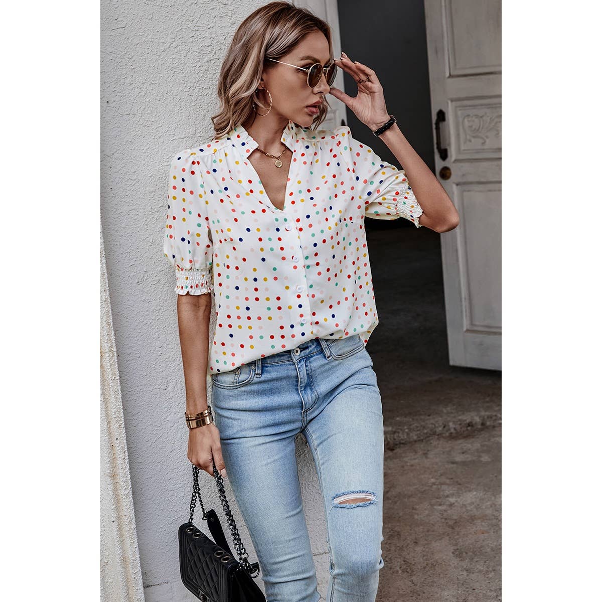 Polka Dot Print Puff Sleeve Loose Shirt