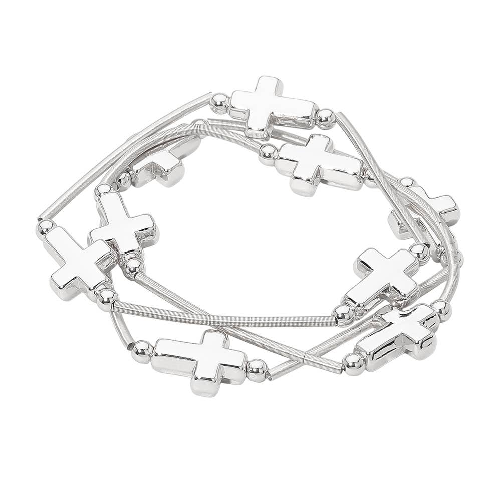 3PCS - Metal Cross Station Stretch Multi Layered Bracelets: Rhodium