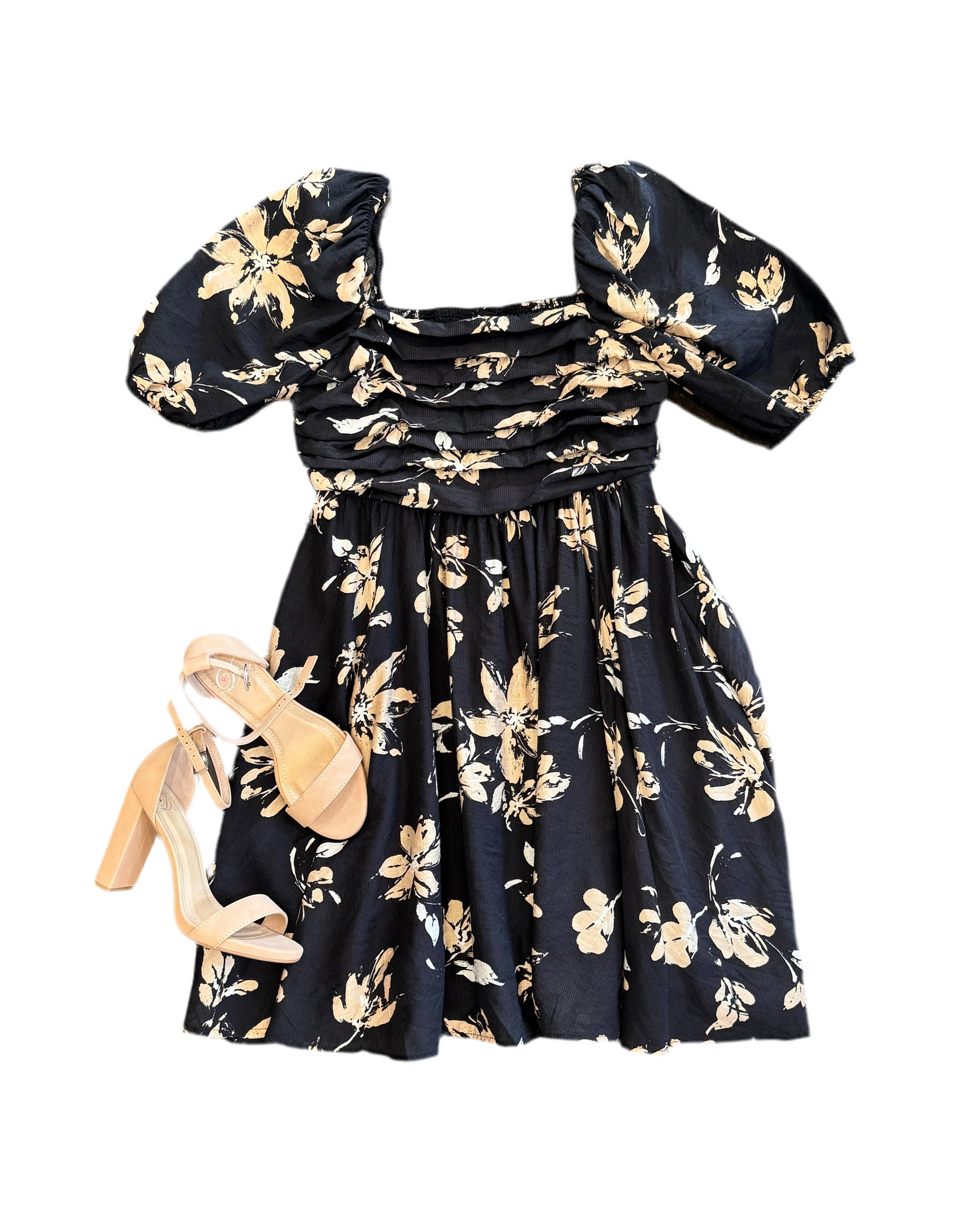 FLORAL PLEATED PUFF SLEEVE MINI DRESS