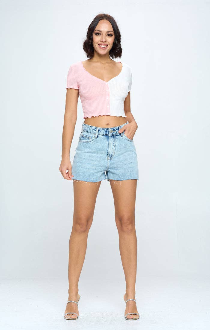 STRETCH HIGH RISE FREY HEM DENIM SHORTS