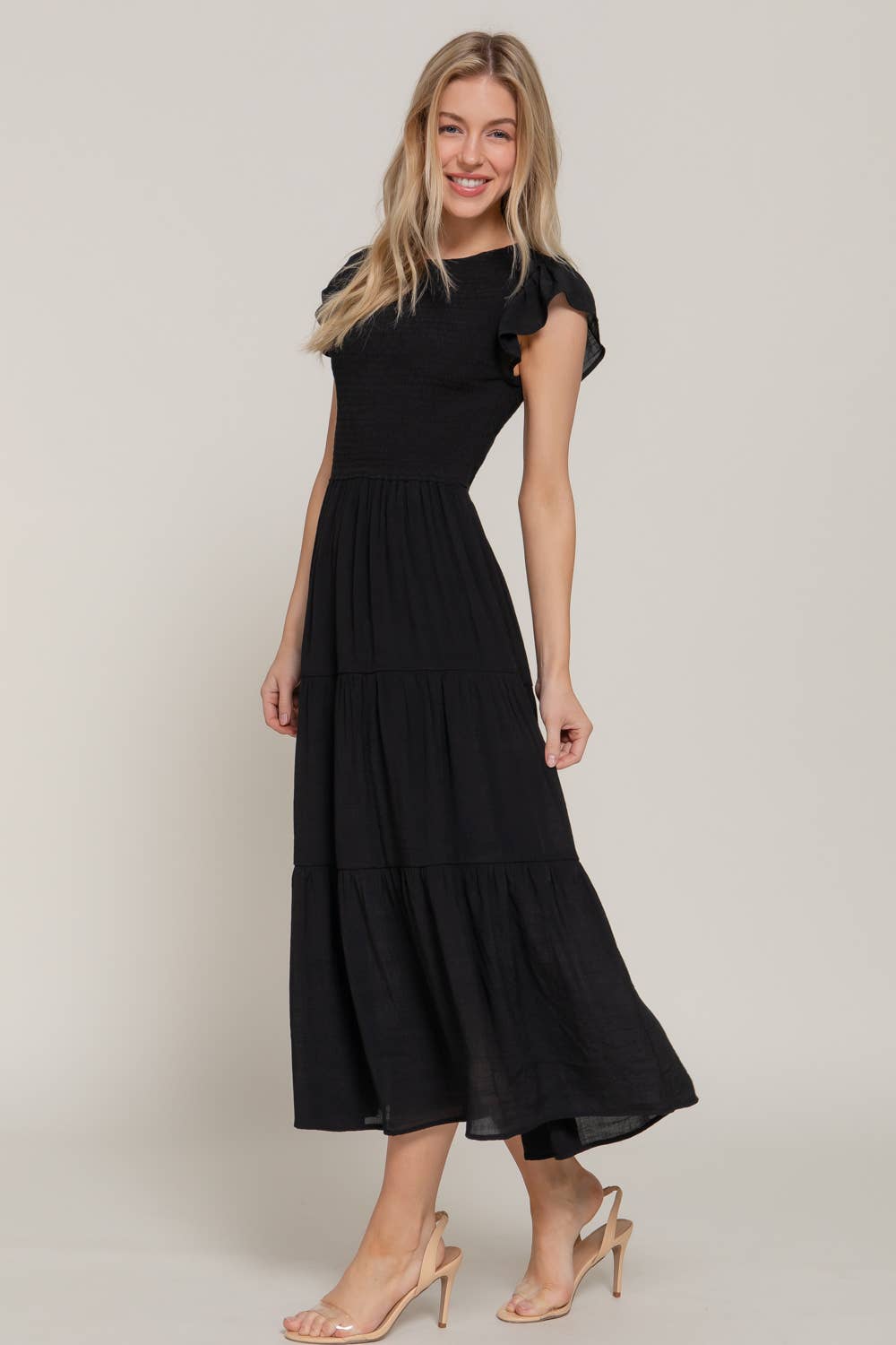 Ruffle Sleeve Crew Neck Smocked Detail Dress