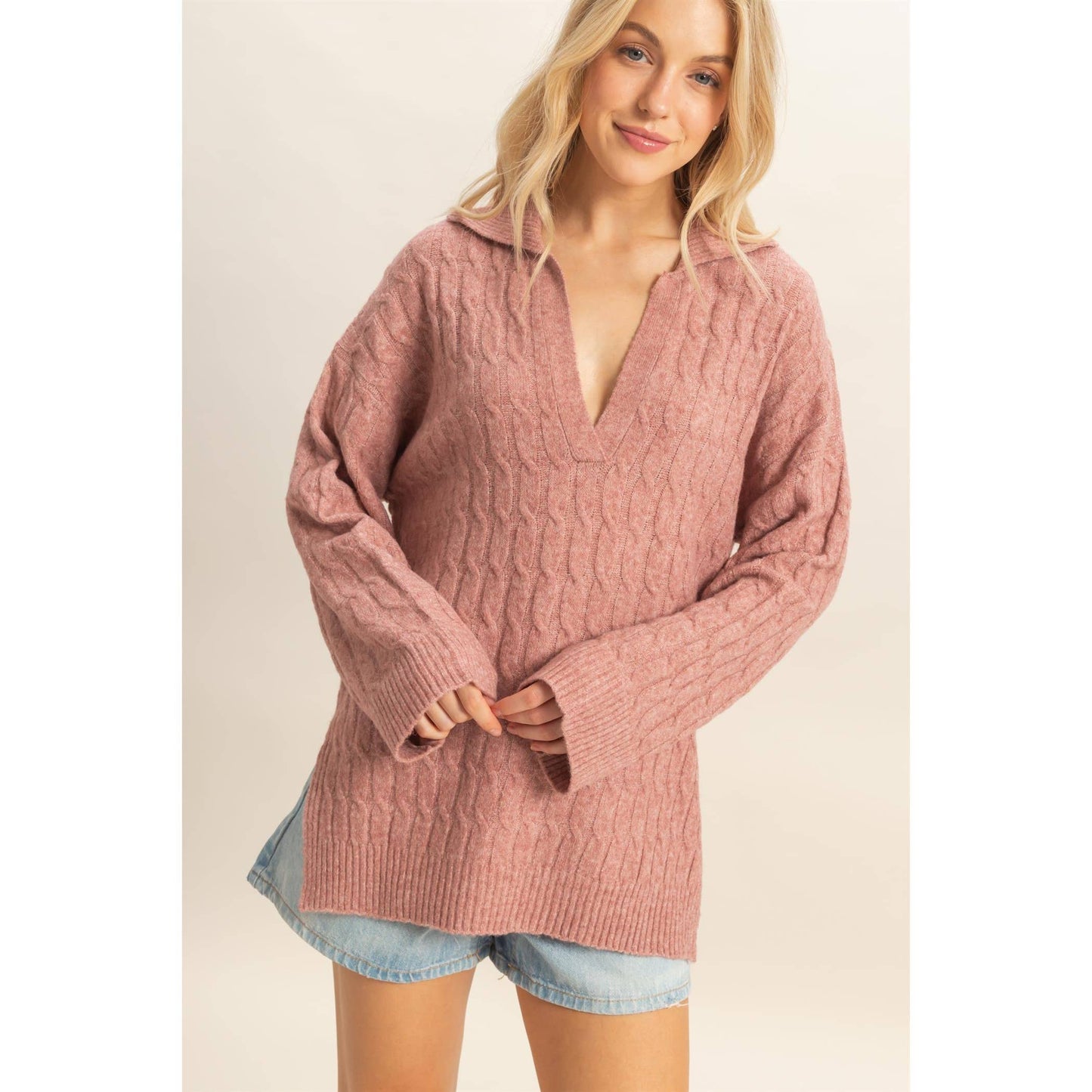 Collared Cable Sweater With Slits