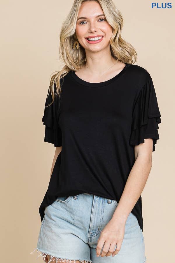 Plus Round Neck Semi Loose Ruffle Sleeve Top