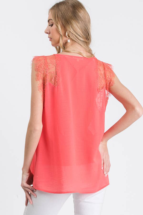 Casual Sleeveless Lace-Trim Blouse