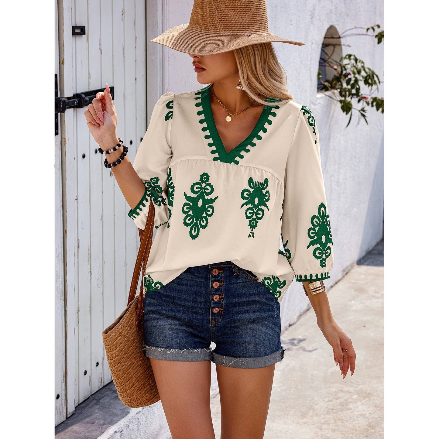 Geo Print V Neck Loose Puff Sleeves Blouse