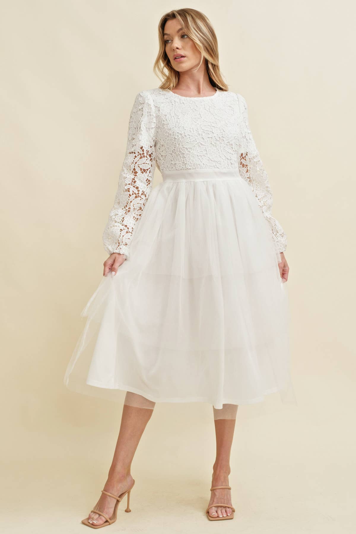 LACE LONG SLEEVE TULLE MIDI DRESS