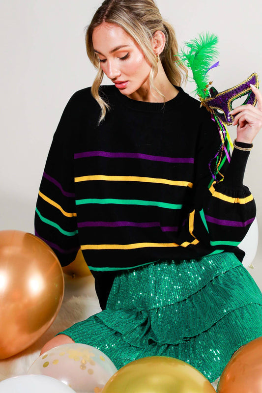 Multi Color Striped Mardi Gras Knitted Sweater