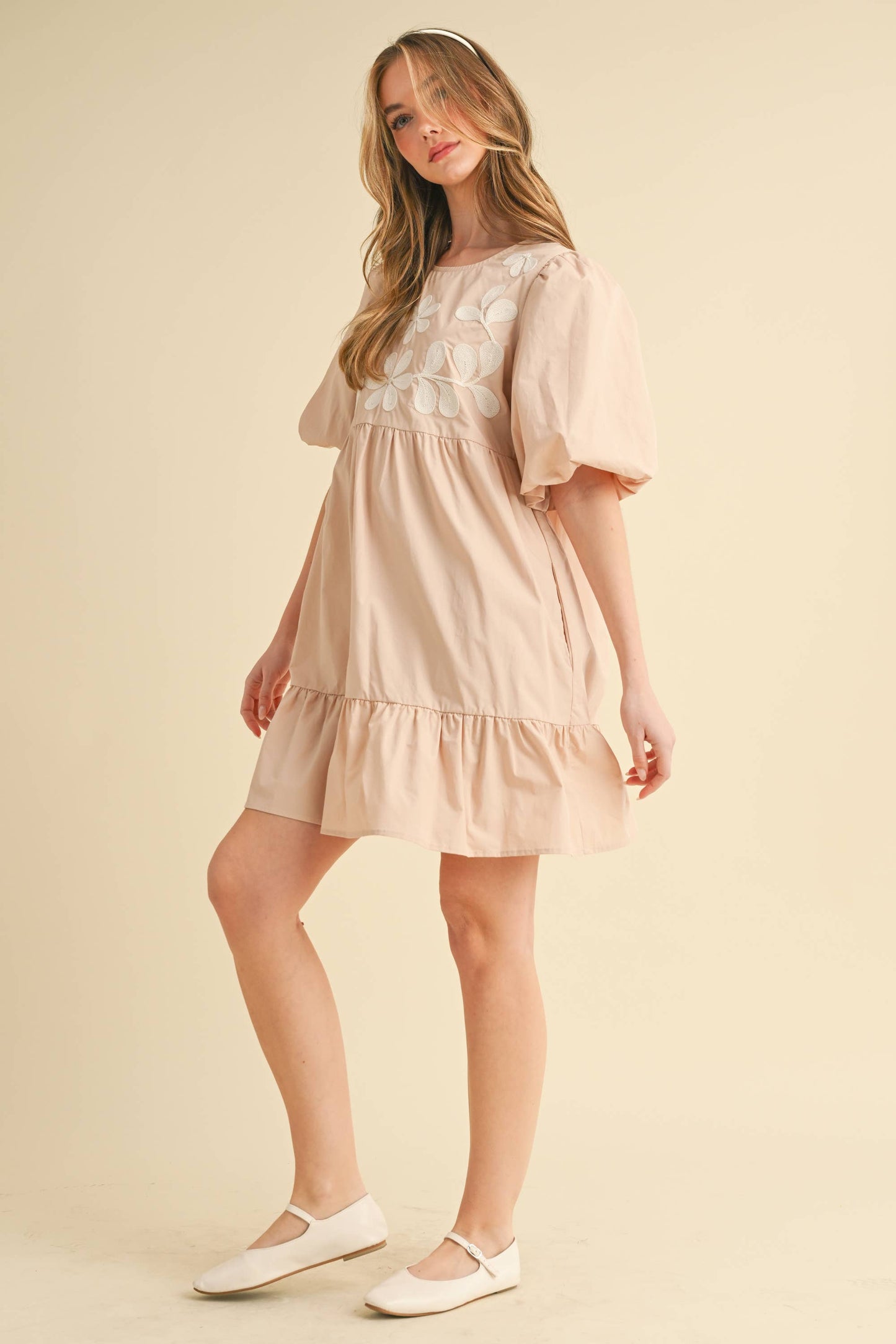 Almond DOUBLE PUFF SLEEVE SHIRRED A-LINE MIDI DRESS