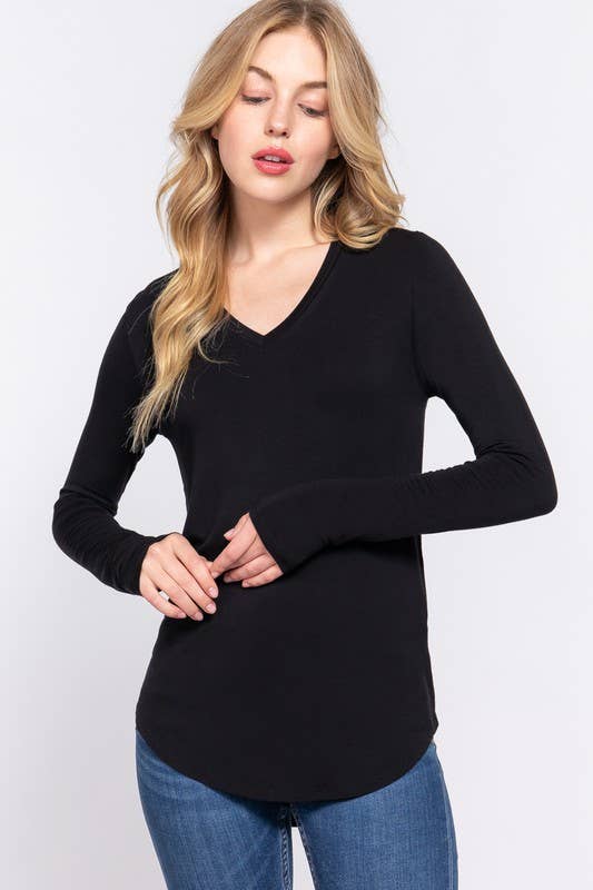 Long Sleeve V-neck Rayon Spandex Jersey Top