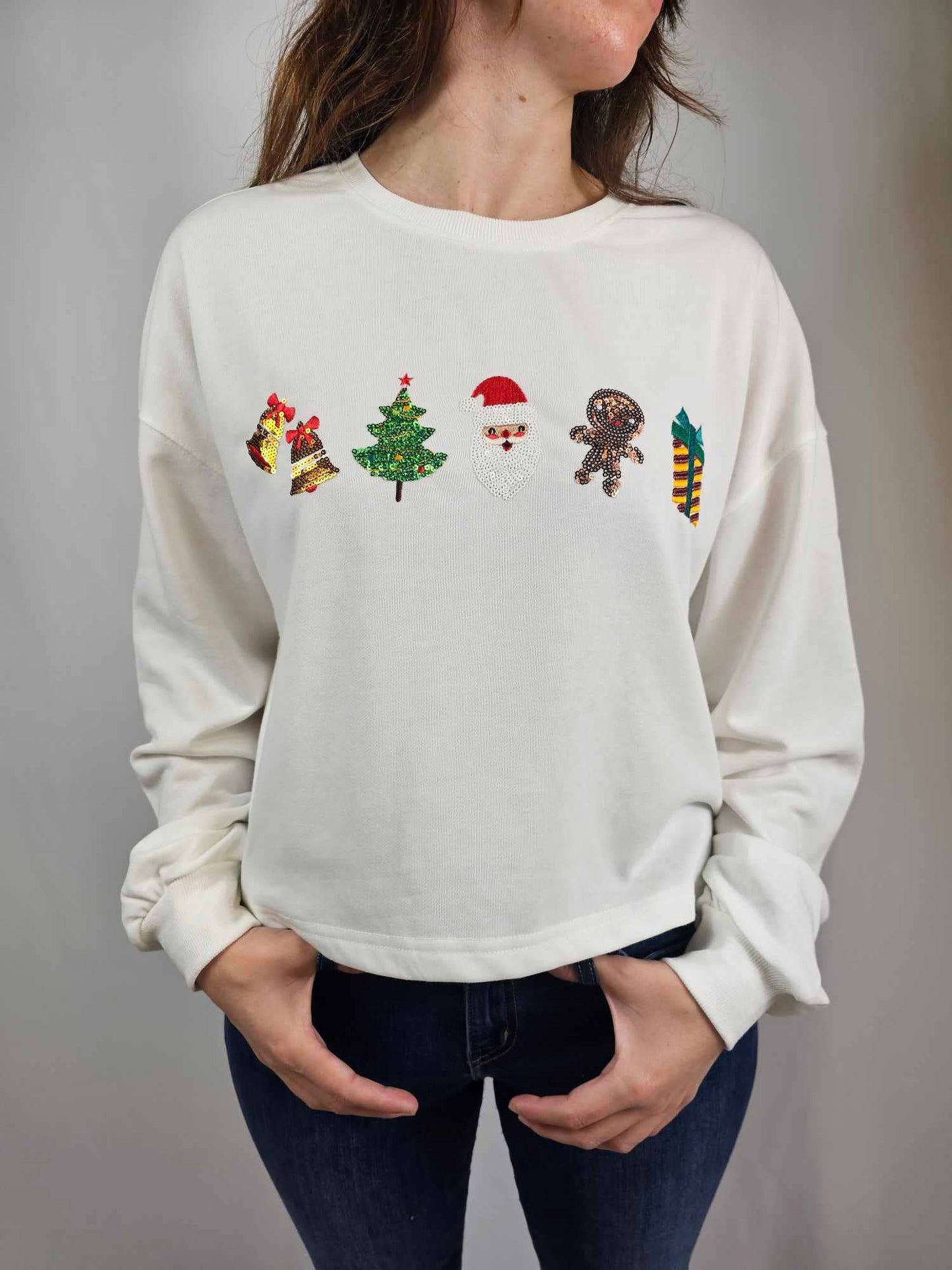 Sequin Santa Christmas LS Crop Tee