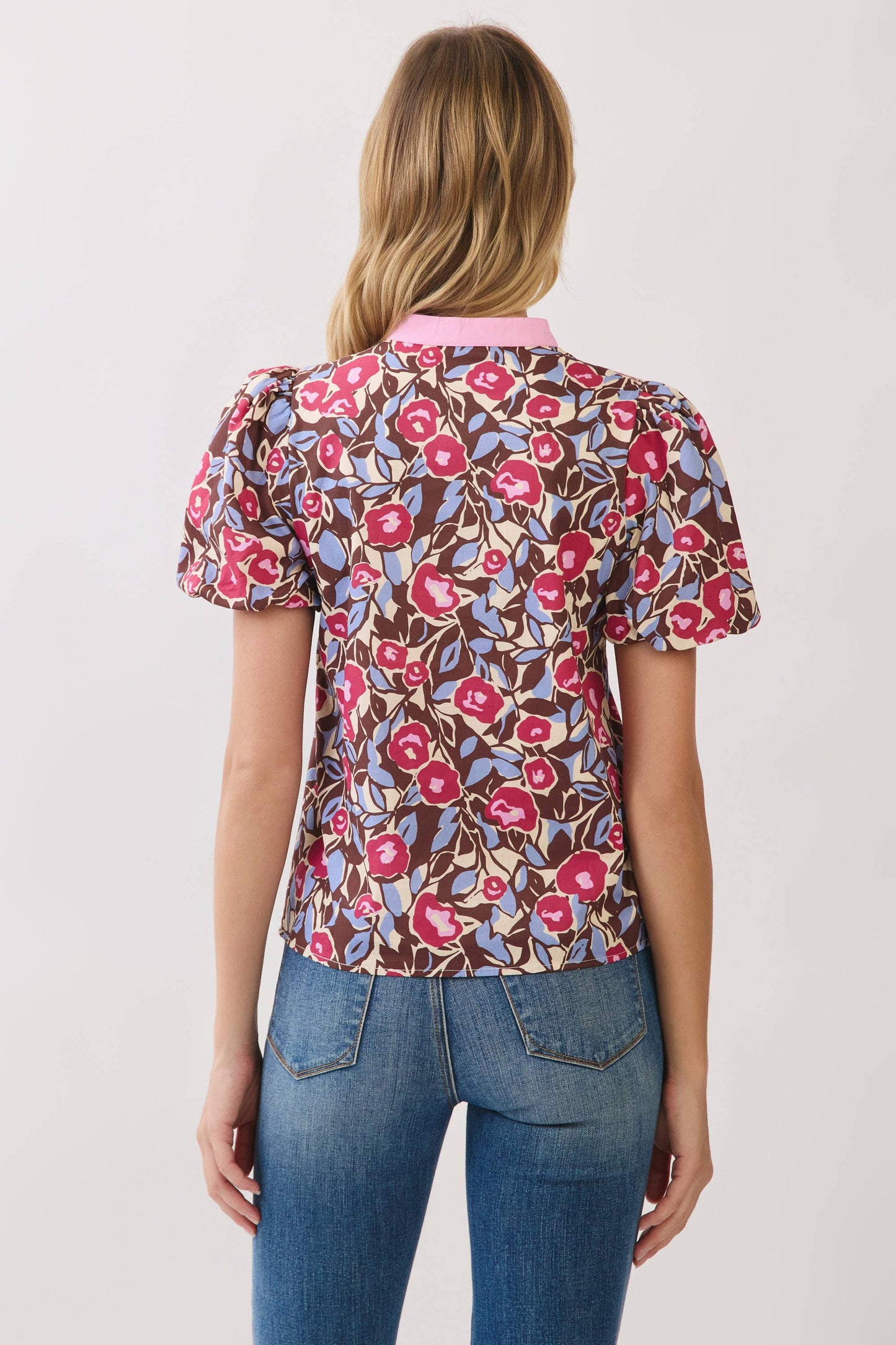 Floral Print Contrast Trim Detail Puff Sleeve Top