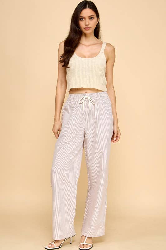 STRIPED DRAWSTRING STRAIGHT PANTS ~ Mocha
