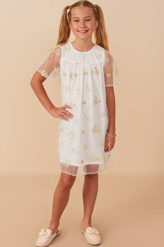 Girls Floral Embroidered Mesh Dress