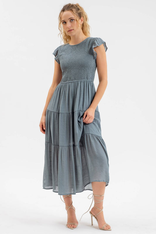 SMOCKED TIERED MIDI DRESS