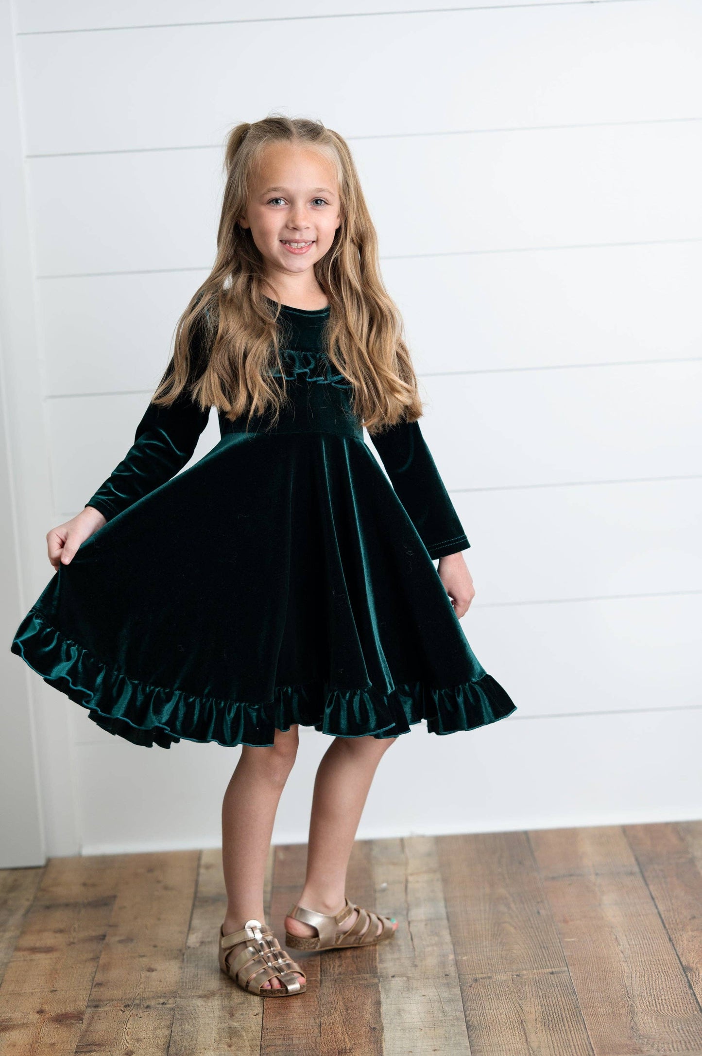 Kids Emerald Green Velvet Ruffle Dress