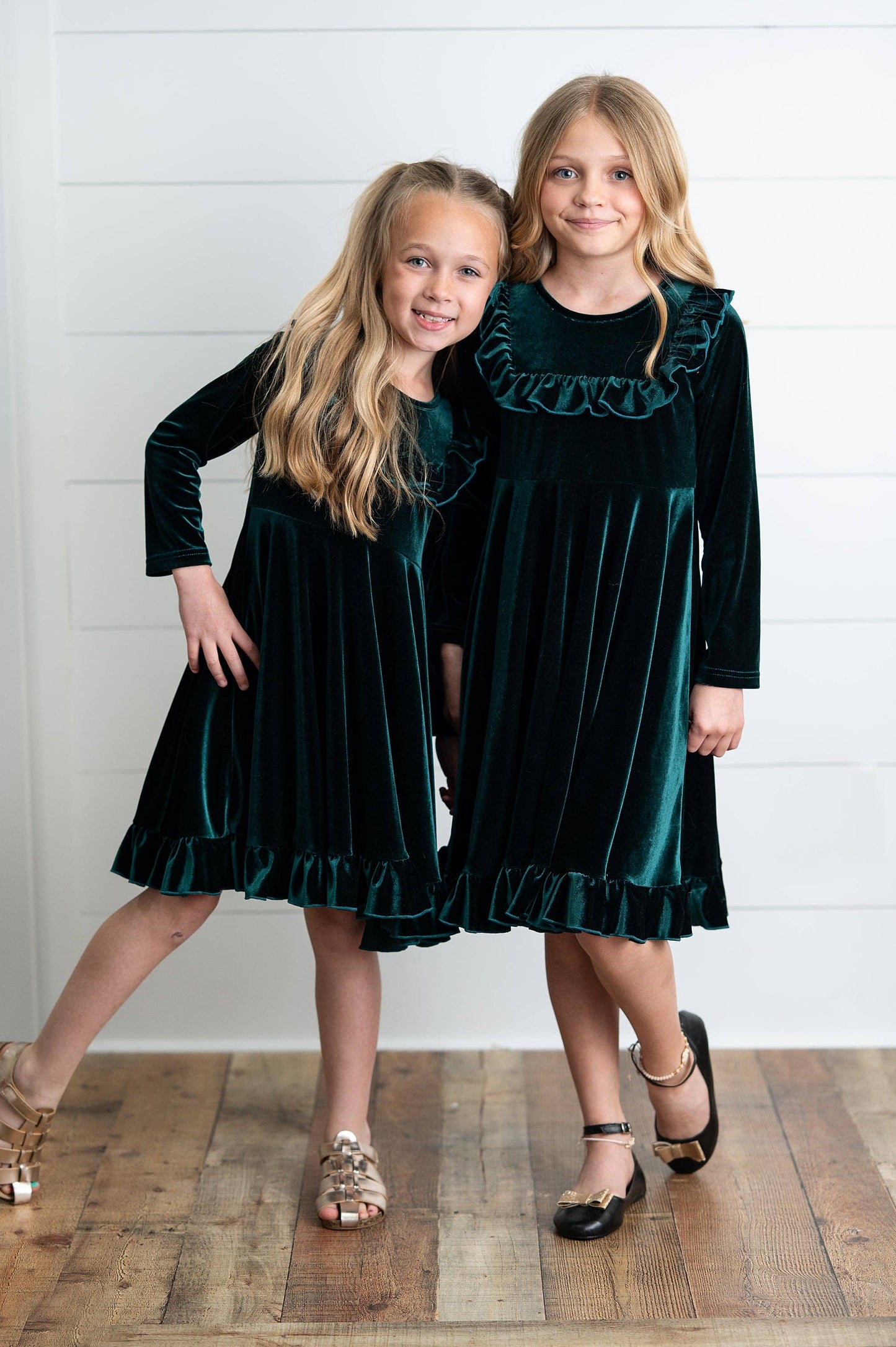 Kids Emerald Green Velvet Ruffle Dress