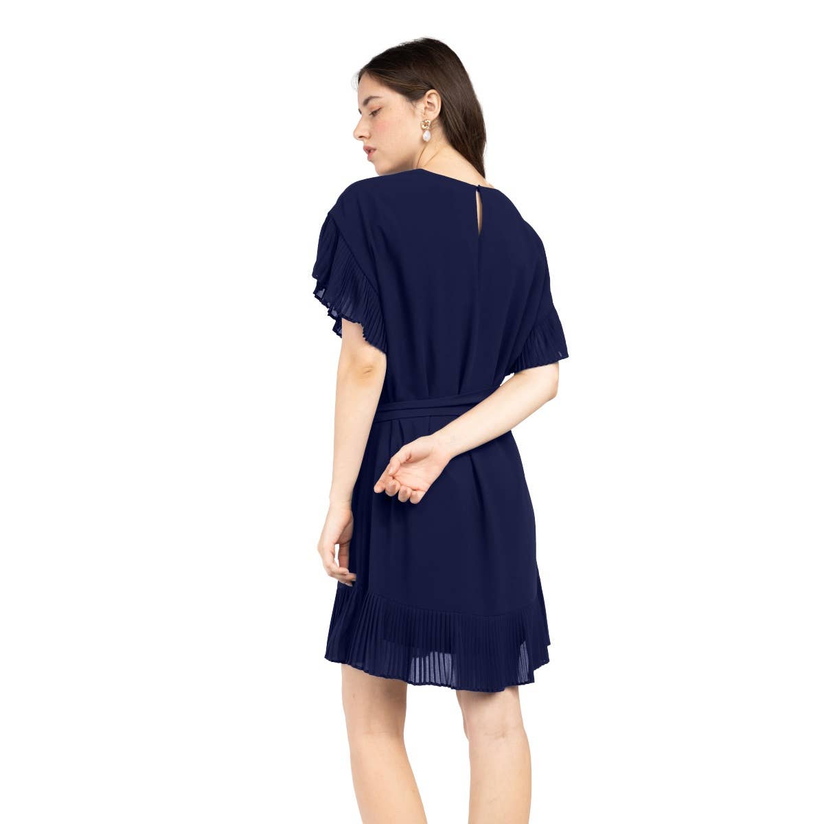 Pleated Ruffle Sleeve Drop Shoulder Dress
