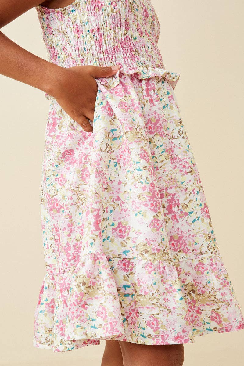 Girls Floral Print Ruffled Smocked Flutter Tank Dress