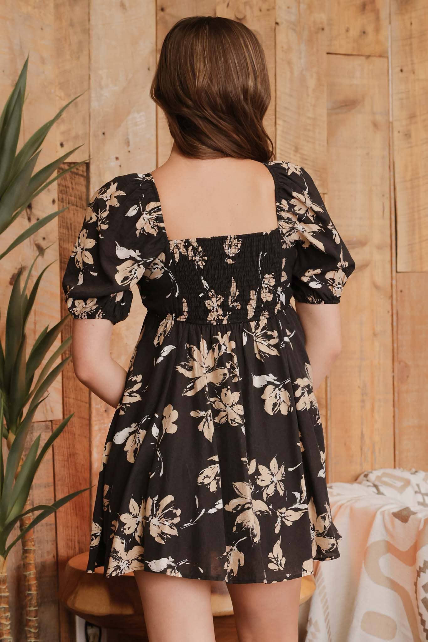 FLORAL PLEATED PUFF SLEEVE MINI DRESS