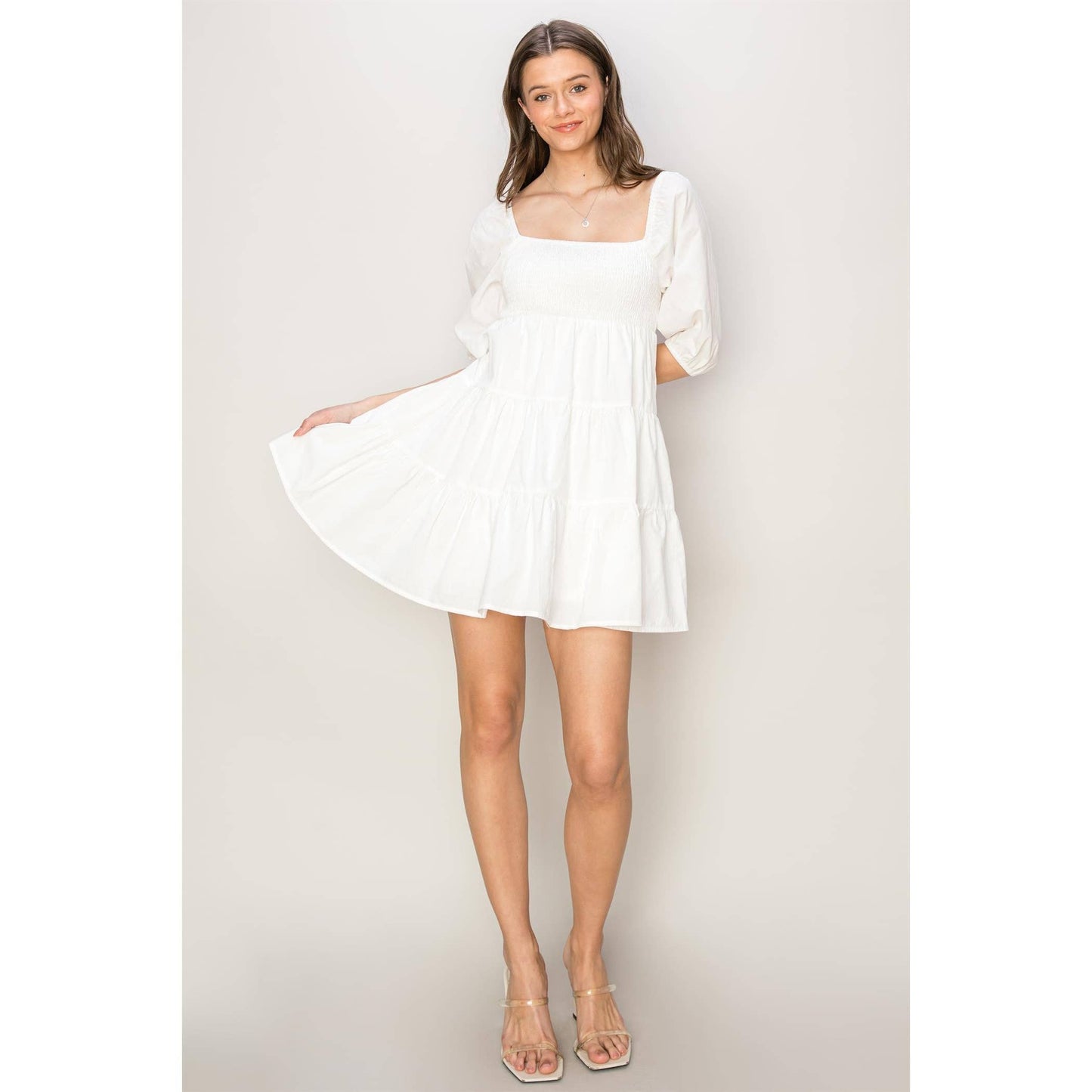 POPLIN SMOCKED MINI DRESS: OFF WHITE