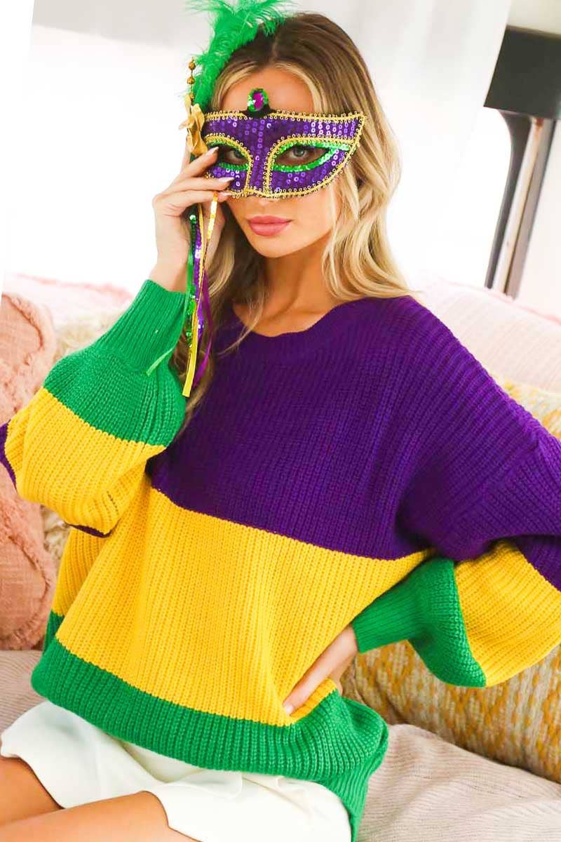 Color block Mardi Gras Round Neck Knitted Sweater