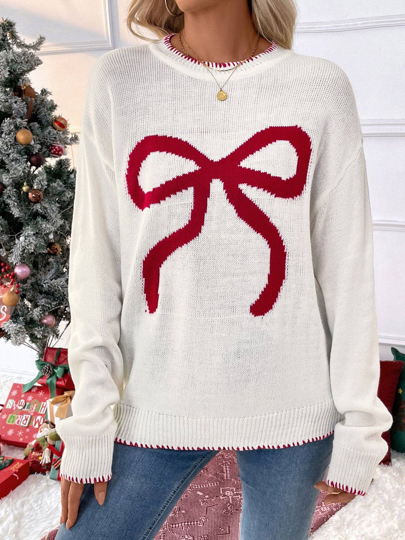 Bow Knit Sweater Holiday Pullover